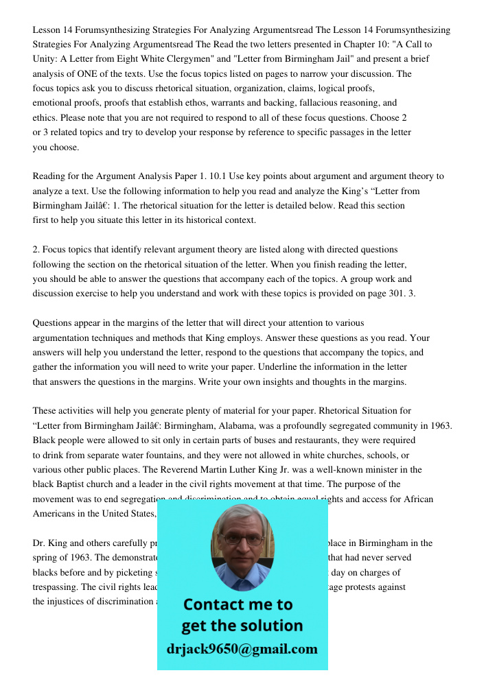 Read the two letters presented in Chapter 10: "A Call to Unity: A Letter from Eight White Clergymen" and "Letter from Birmingham Jail" and present a brief analy