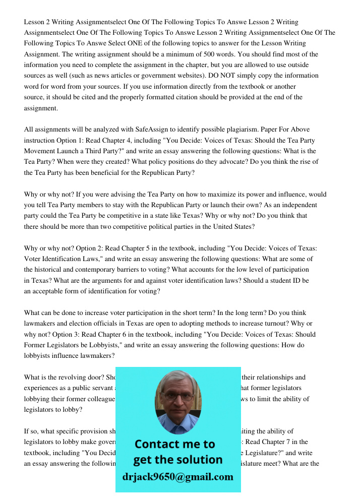 Lesson 2 Writing Assignmentselect One Of The Following Topics To Answe Select ONE of the following topics to answer for the Lesson Writing Assignment. The writi