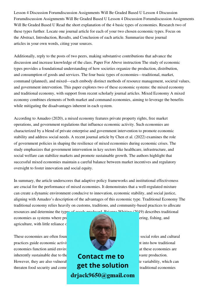 Lesson 4 Discussion Forumdiscussion Assignments Will Be Graded Based U Read the short explanation of the 4 basic types of economies. Research two of these types