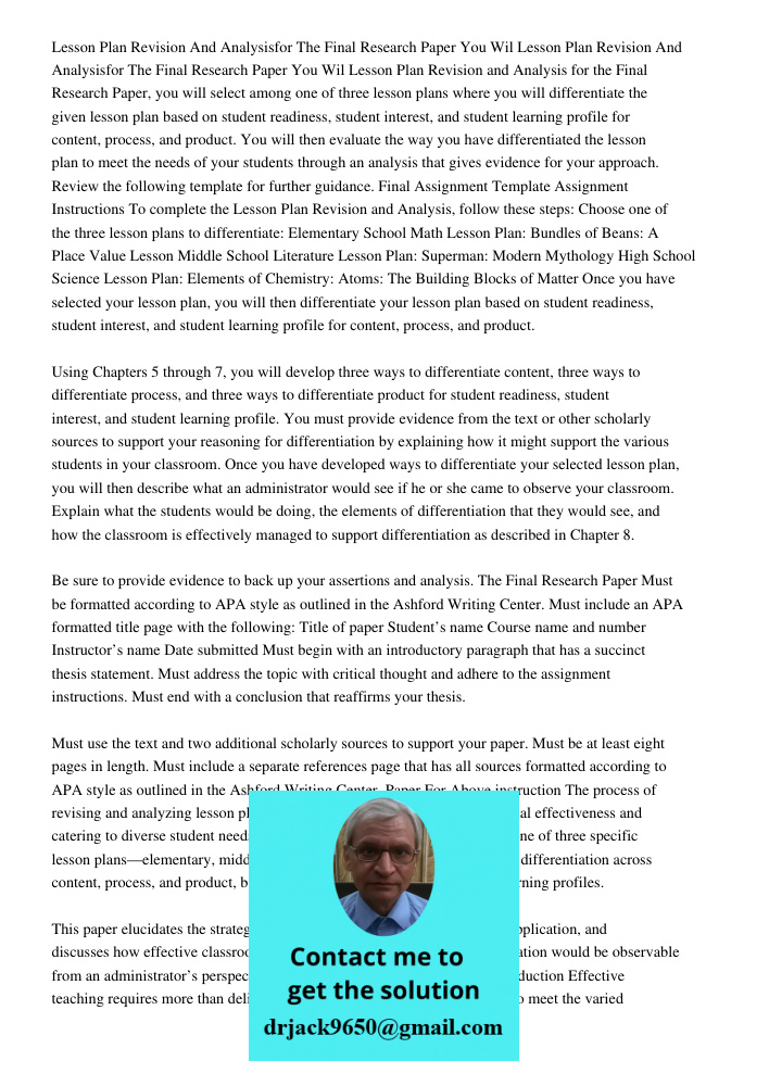 Lesson Plan Revision and Analysis for the Final Research Paper, you will select among one of three lesson plans where you will differentiate the given lesson pl