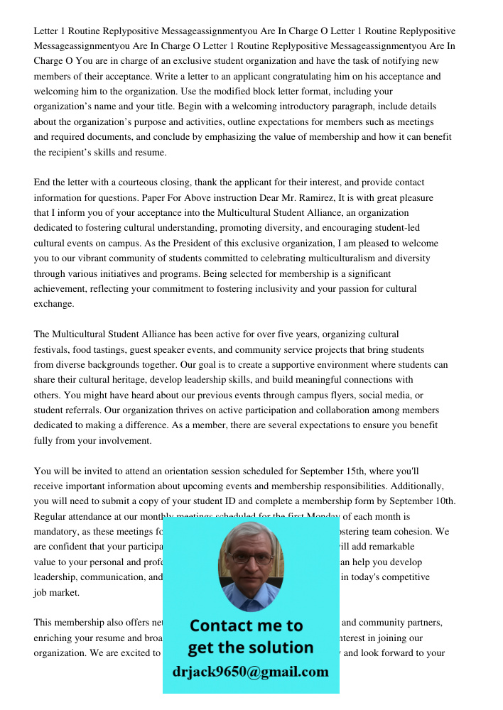 Letter 1 Routine Replypositive Messageassignmentyou Are In Charge O You are in charge of an exclusive student organization and have the task of notifying new me