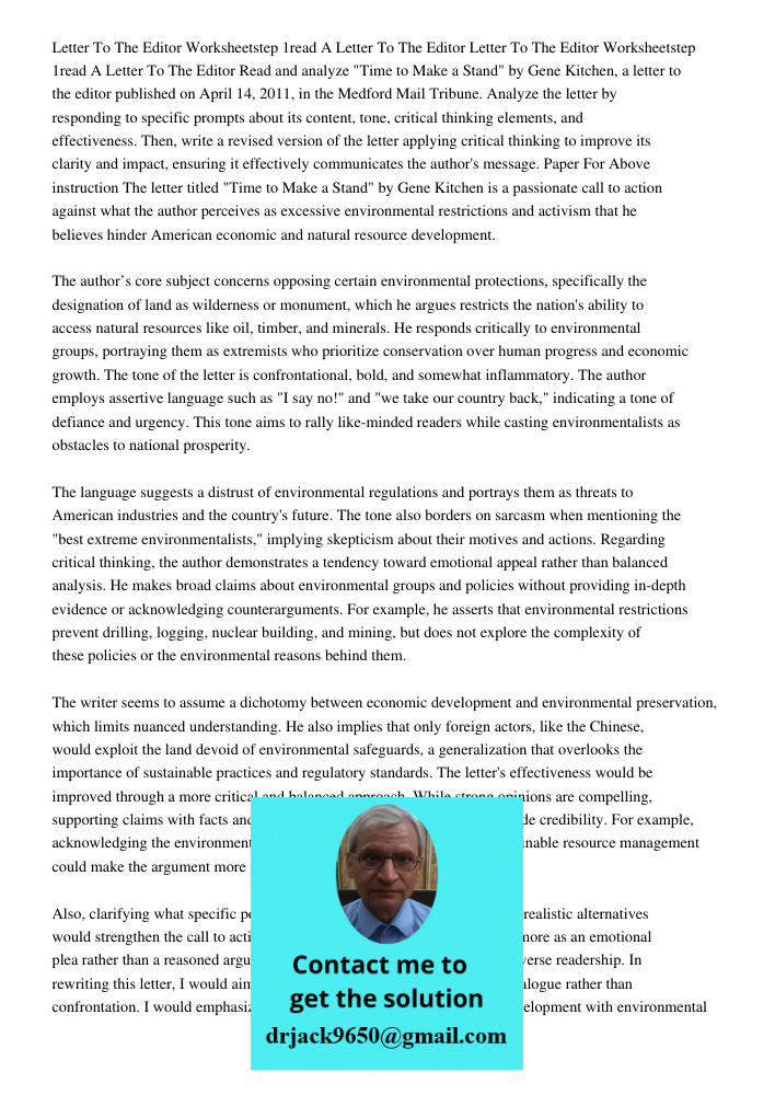 Read and analyze "Time to Make a Stand" by Gene Kitchen, a letter to the editor published on April 14, 2011, in the Medford Mail Tribune. Analyze the letter by 