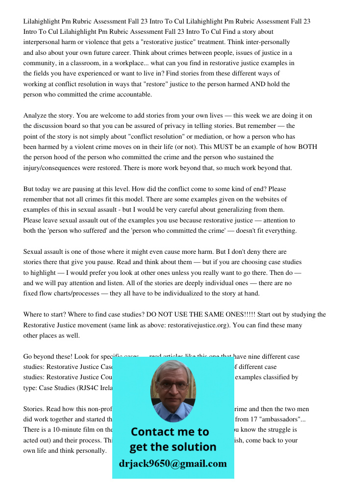 Lilahighlight11923 911 Pm Rubric Assessment Fall 23 Intro To Cul Find a story about interpersonal harm or violence that gets a "restorative justice" treatment. 