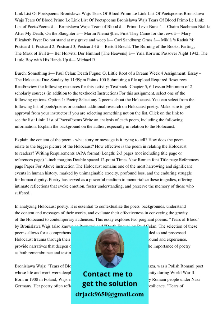 Link List Of Poetspoems Bronislawa Wajs Tears Of Blood Primo Le Link: List of Poets/Poems â— Bronislawa Wajs: Tears of Blood â— Primo Levi: Buna â— Chaim Nachma