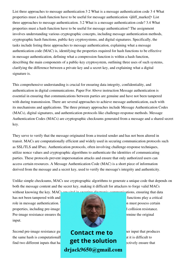 The assignment involves understanding various cryptographic concepts, including message authentication methods, cryptographic hash functions, public-key cryptos