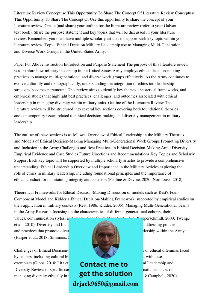 Use this opportunity to share the concept of your literature review. Create (and share) your outline for the literature review (refer to your Galvan text book).