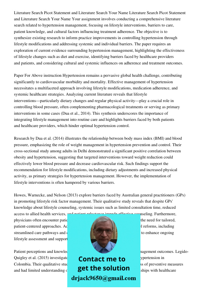 Your assignment involves conducting a comprehensive literature search related to hypertension management, focusing on lifestyle interventions, barriers to care,