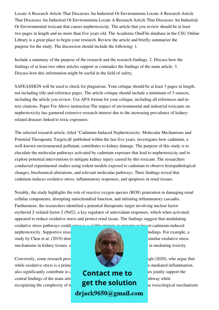 Locate A Research Article That Discusses An Industrial Or Environmental toxicant that causes nephrotoxicity. The article that you review should be at least two 
