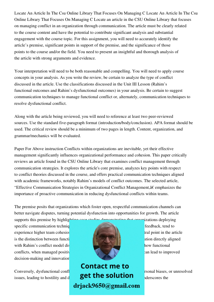 Locate an article in the CSU Online Library that focuses on managing conflict in an organization through communication. The article must be clearly related to t