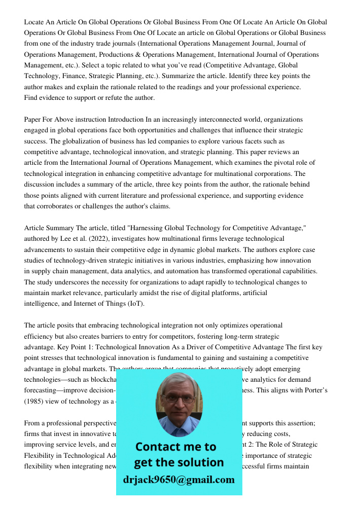 Locate an article on Global Operations or Global Business from one of the industry trade journals (International Operations Management Journal, Journal of Opera