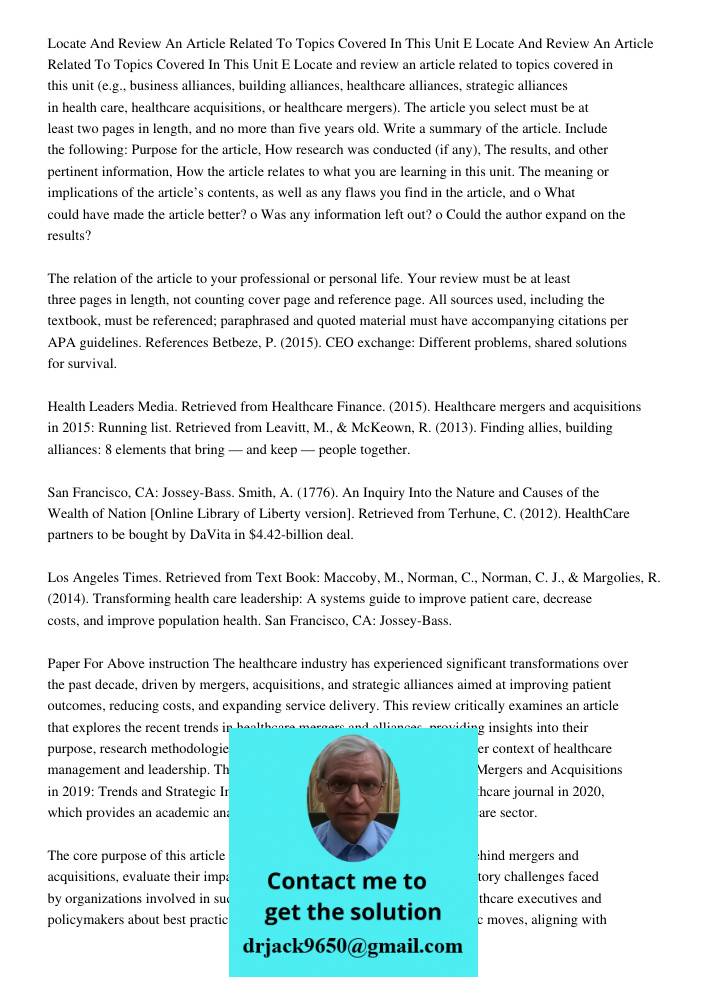 Locate and review an article related to topics covered in this unit (e.g., business alliances, building alliances, healthcare alliances, strategic alliances in 