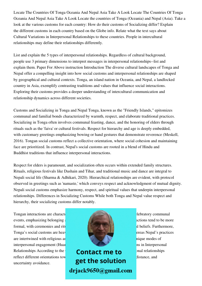Locate the countries of Tonga (Oceania) and Nepal (Asia). Take a look at the various customs for each country: How do their customs of Socializing differ? Expla