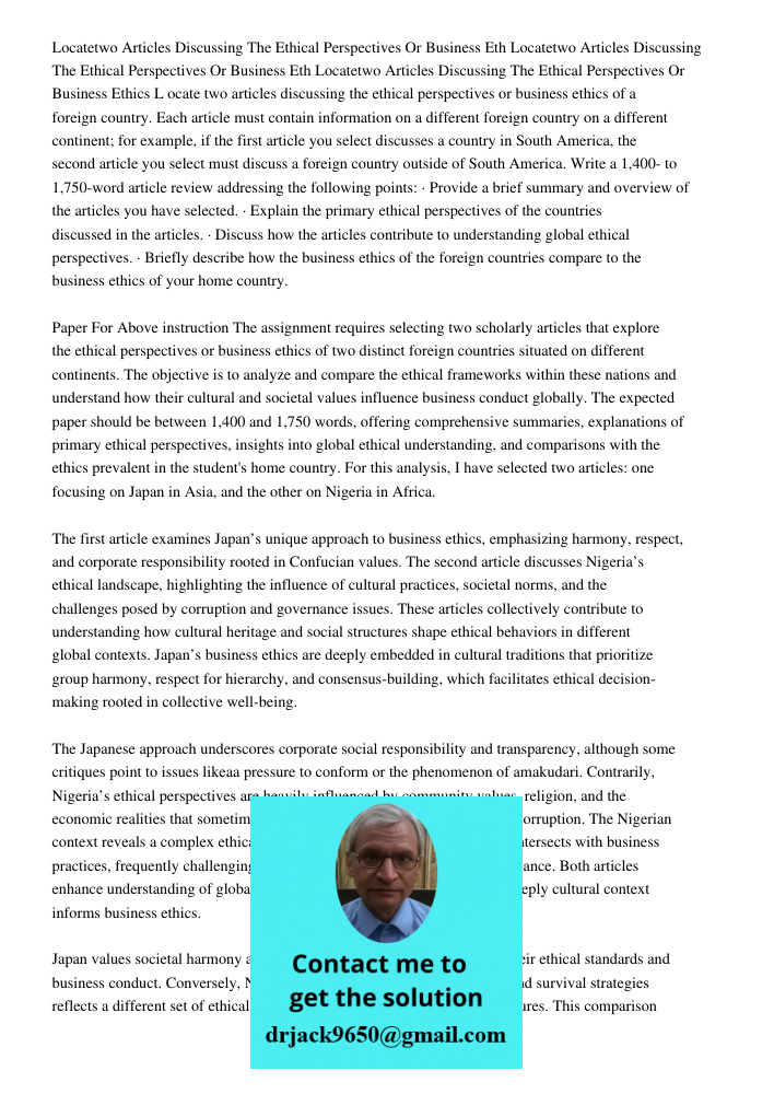 Locatetwo Articles Discussing The Ethical Perspectives Or Business Ethics L ocate two articles discussing the ethical perspectives or business ethics of a forei