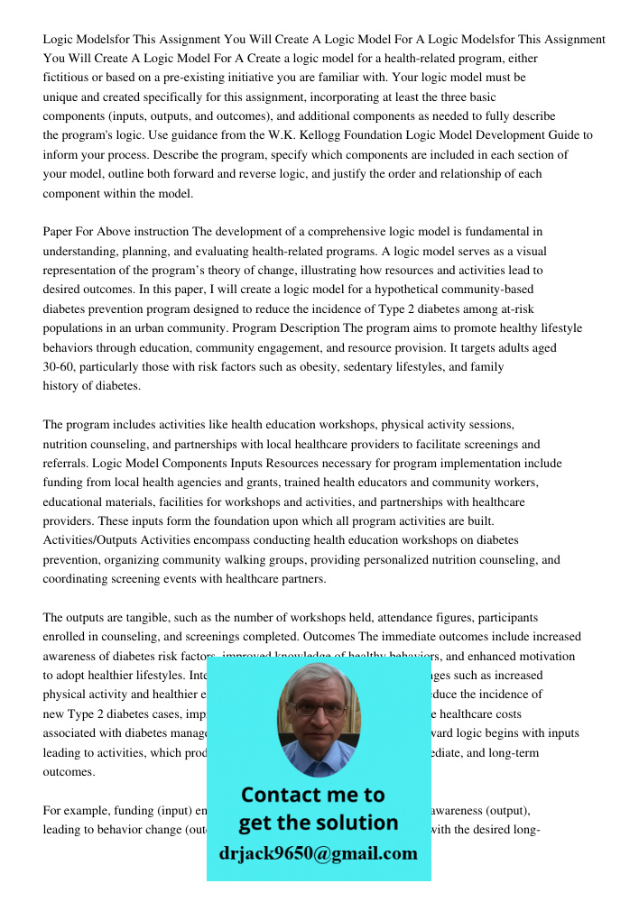Create a logic model for a health-related program, either fictitious or based on a pre-existing initiative you are familiar with. Your logic model must be uniqu