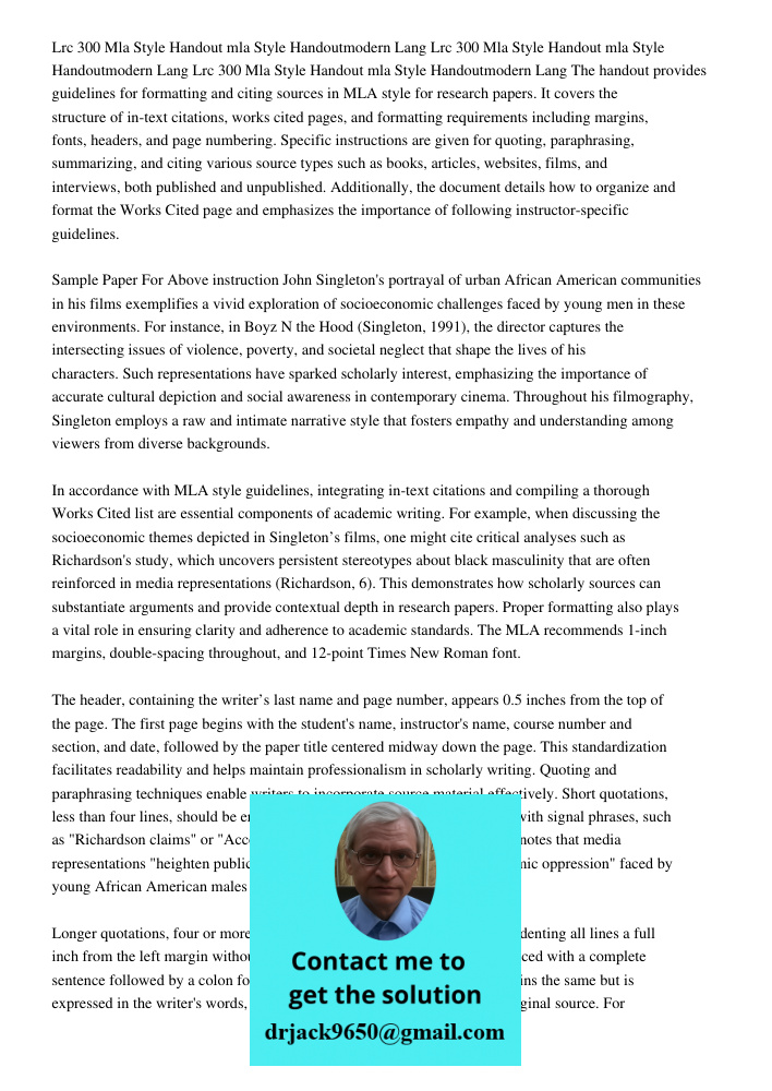 Lrc 300 Mla Style Handout 1615 963 5102mla Style Handoutmodern Lang The handout provides guidelines for formatting and citing sources in MLA style for research 