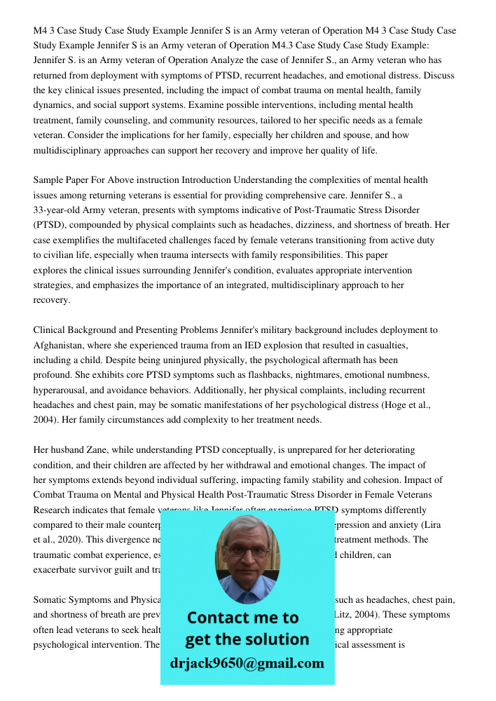 M4 3 Case Study Case Study Example Jennifer S is an Army veteran of Operation Analyze the case of Jennifer S., an Army veteran who has returned from deployment 