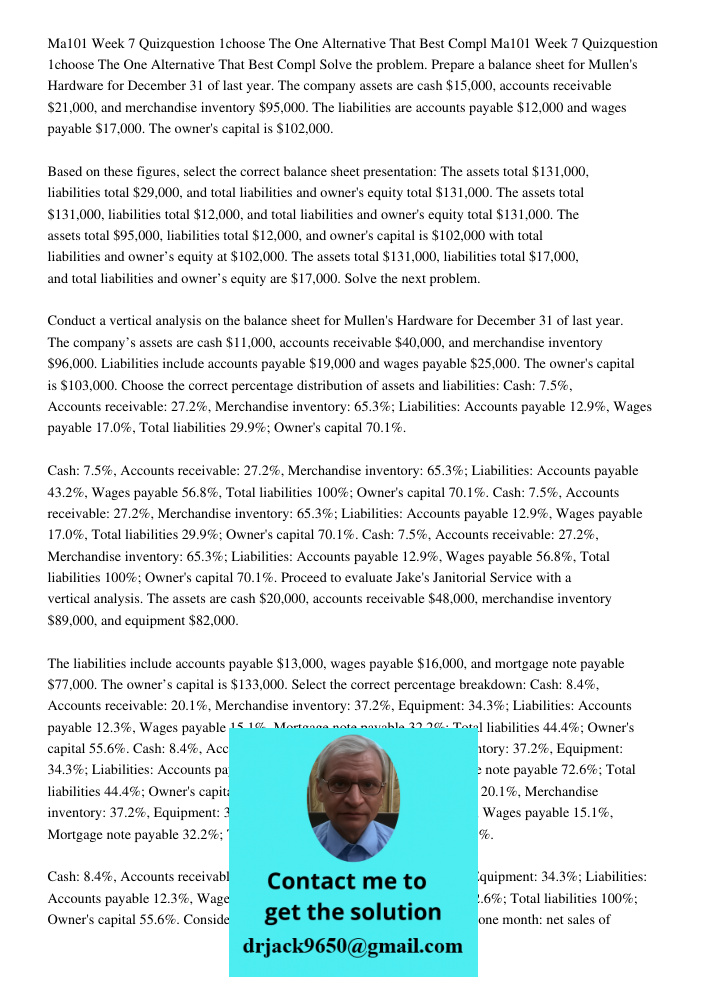 Solve the problem. Prepare a balance sheet for Mullen's Hardware for December 31 of last year. The company assets are cash $15,000, accounts receivable $21,000,