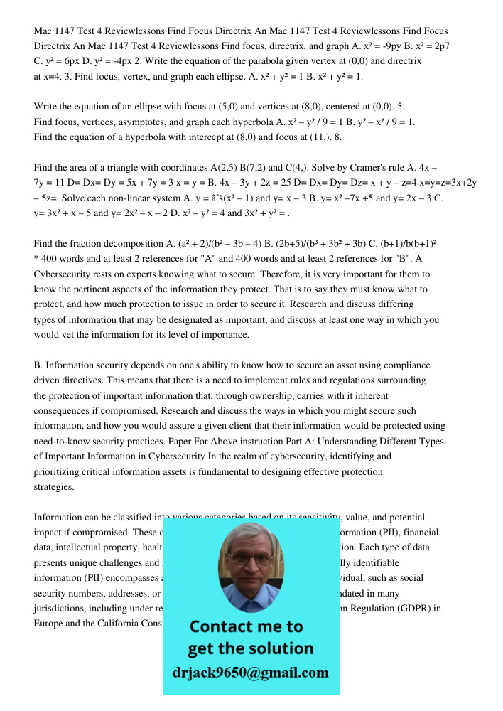 Mac 1147 Test 4 Reviewlessons 8 9 10 111 Find focus, directrix, and graph A. x² = -9py B. x² = 2p7 C. y² = 6px D. y² = -4px 2. Write the equation of the parabol