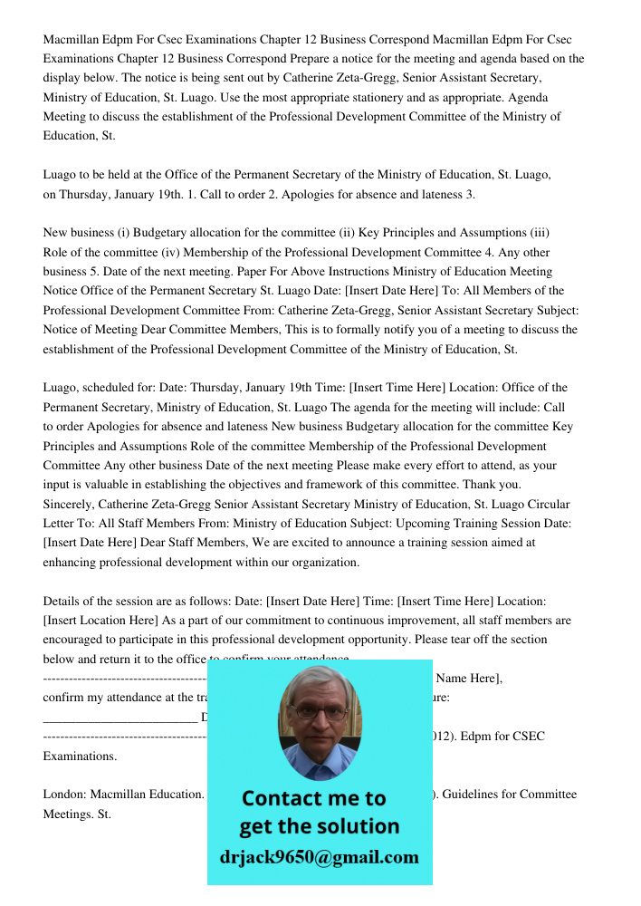 Prepare a notice for the meeting and agenda based on the display below. The notice is being sent out by Catherine Zeta-Gregg, Senior Assistant Secretary, Minist