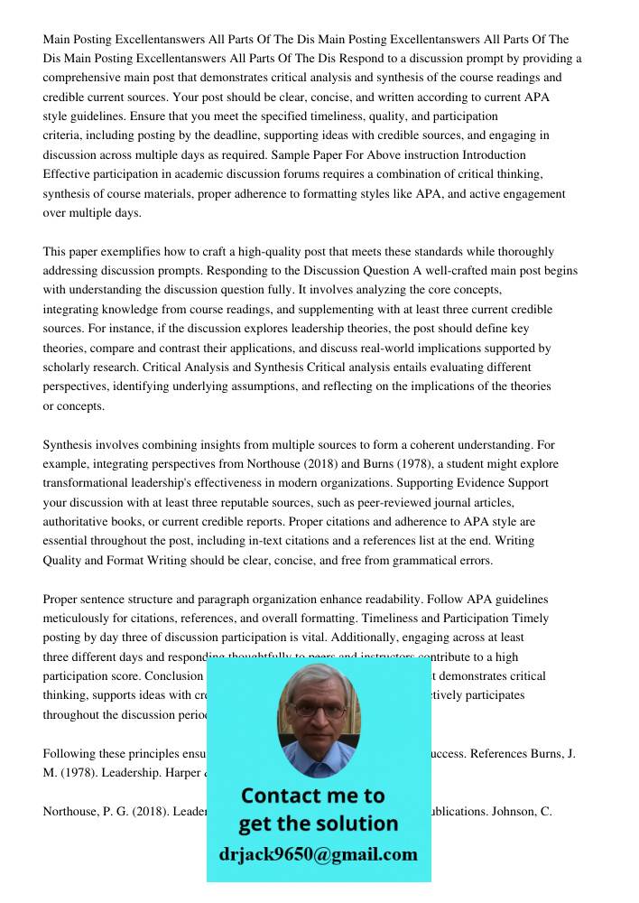 Main Posting Excellent45 45 50 50answers All Parts Of The Dis Respond to a discussion prompt by providing a comprehensive main post that demonstrates critical a