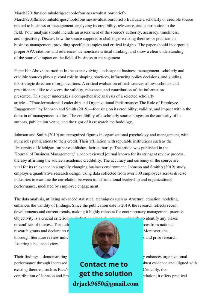 Evaluate a scholarly or credible source related to business or management, analyzing its credibility, relevance, and contribution to the field. Your analysis sh