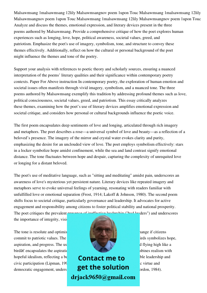 Malsawmsang 1malsawmsang 12lily Malsawmsangnov 14 2020poem 1upon Touc Analyze and discuss the themes, emotional expression, and literary devices present in the 