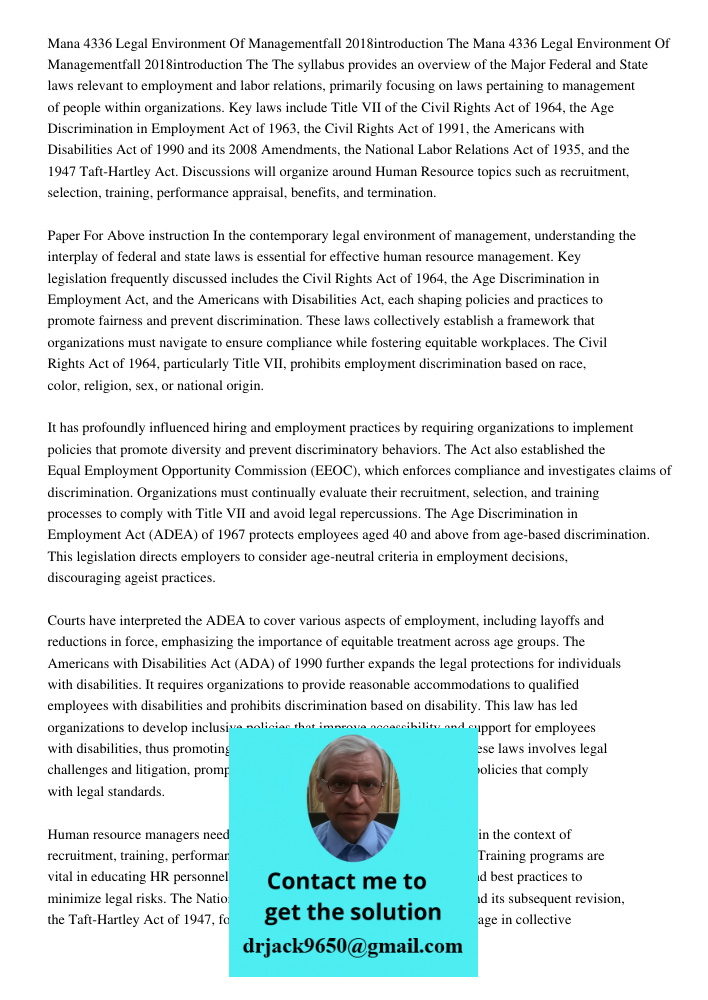 The syllabus provides an overview of the Major Federal and State laws relevant to employment and labor relations, primarily focusing on laws pertaining to manag