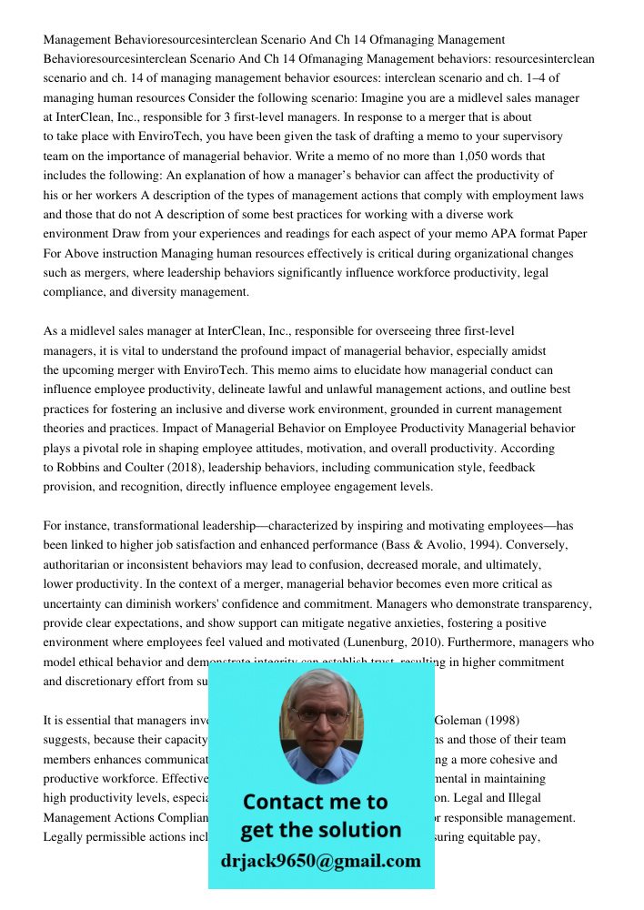 Management behaviors: resourcesinterclean scenario and ch. 14 of managing management behavior esources: interclean scenario and ch. 1–4 of managing human resour