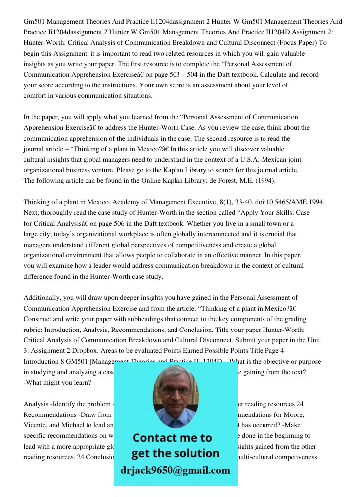 Gm501 Management Theories And Practice II1204D Assignment 2: Hunter-Worth: Critical Analysis of Communication Breakdown and Cultural Disconnect (Focus Paper) To