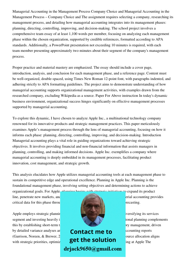 The assignment requires selecting a company, researching its management process, and detailing how managerial accounting integrates into its management phases: 