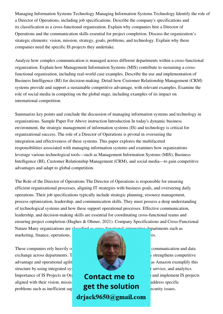 Identify the role of a Director of Operations, including job specifications. Describe the company's specifications and its classification as a cross-functional 