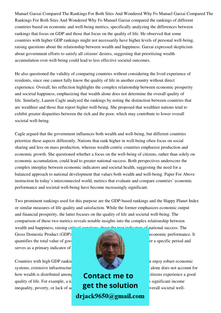 Manuel Garzai compared the rankings of different countries based on economic and well-being metrics, specifically analyzing the differences between rankings tha