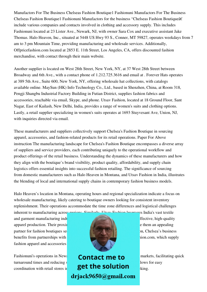 Manufactors for the business “Chelseas Fashion Boutique” include various companies and contacts involved in clothing and accessory supply. This includes Fashion