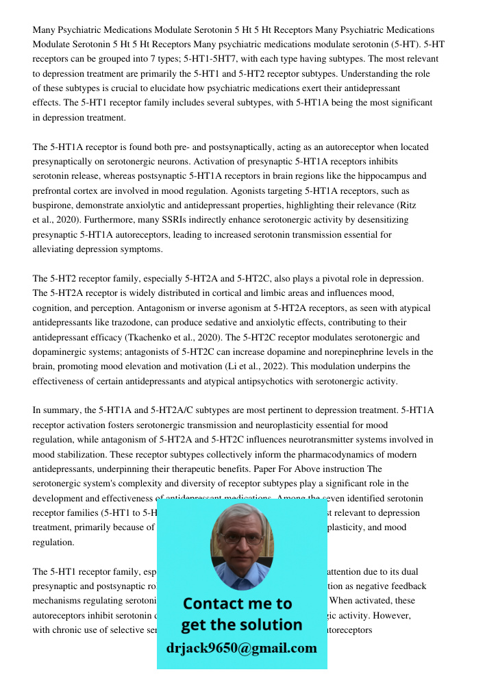 Many psychiatric medications modulate serotonin (5-HT). 5-HT receptors can be grouped into 7 types; 5-HT1-5HT7, with each type having subtypes. The most relevan