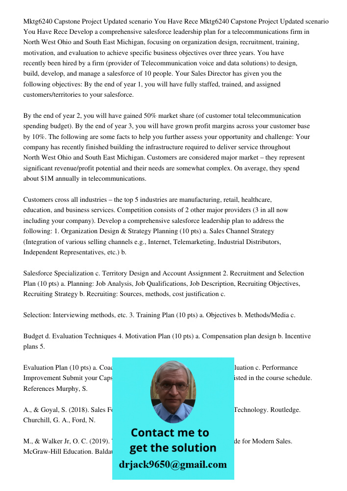 Develop a comprehensive salesforce leadership plan for a telecommunications firm in North West Ohio and South East Michigan, focusing on organization design, re