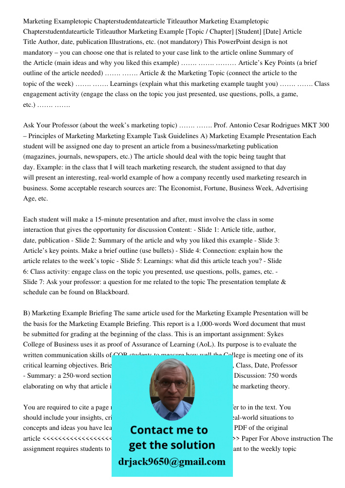 Marketing Example [Topic / Chapter] [Student] [Date] Article Title Author, date, publication Illustrations, etc. (not mandatory) This PowerPoint design is not m