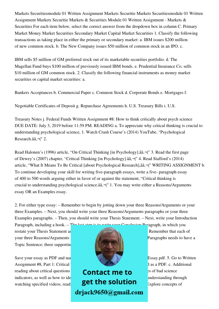 Markets & Securities Module 01 Written Assignment - Markets & Securities For each item below, select the correct answer from the dropdown box in column C. Prima