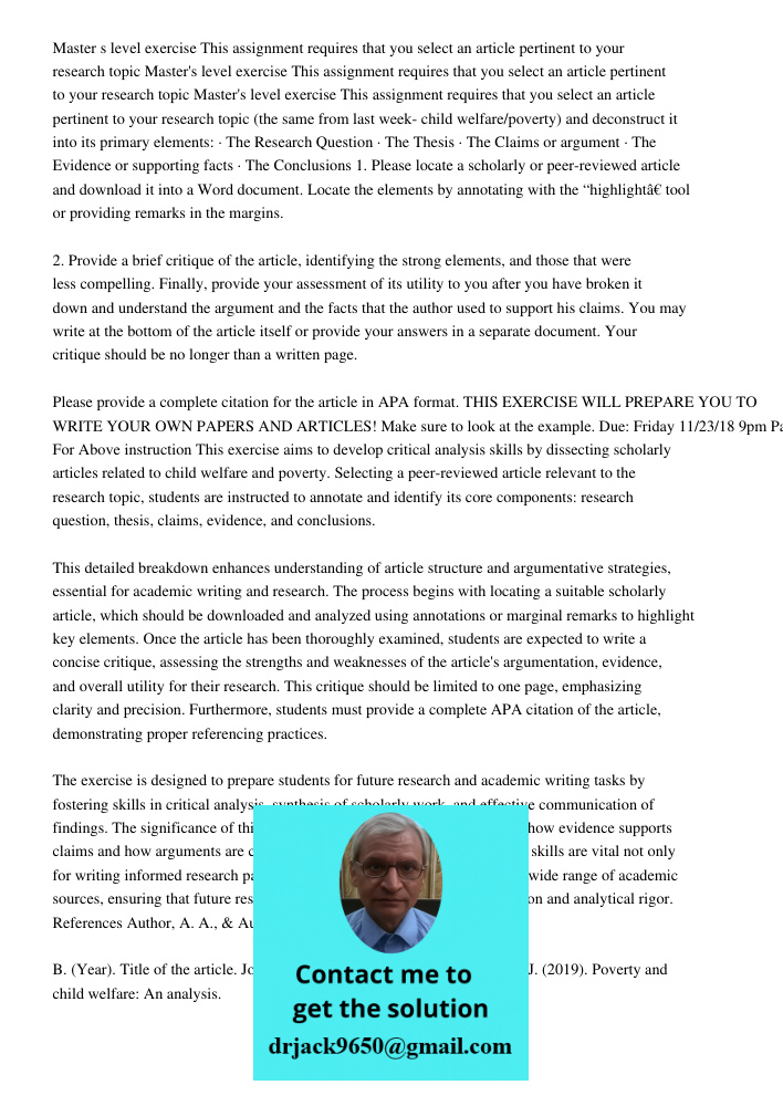 Master's level exercise This assignment requires that you select an article pertinent to your research topic (the same from last week- child welfare/poverty) an