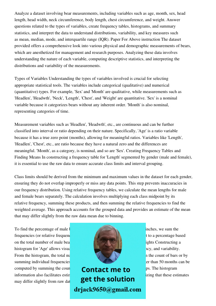 Analyze a dataset involving bear measurements, including variables such as age, month, sex, head length, head width, neck circumference, body length, chest circ