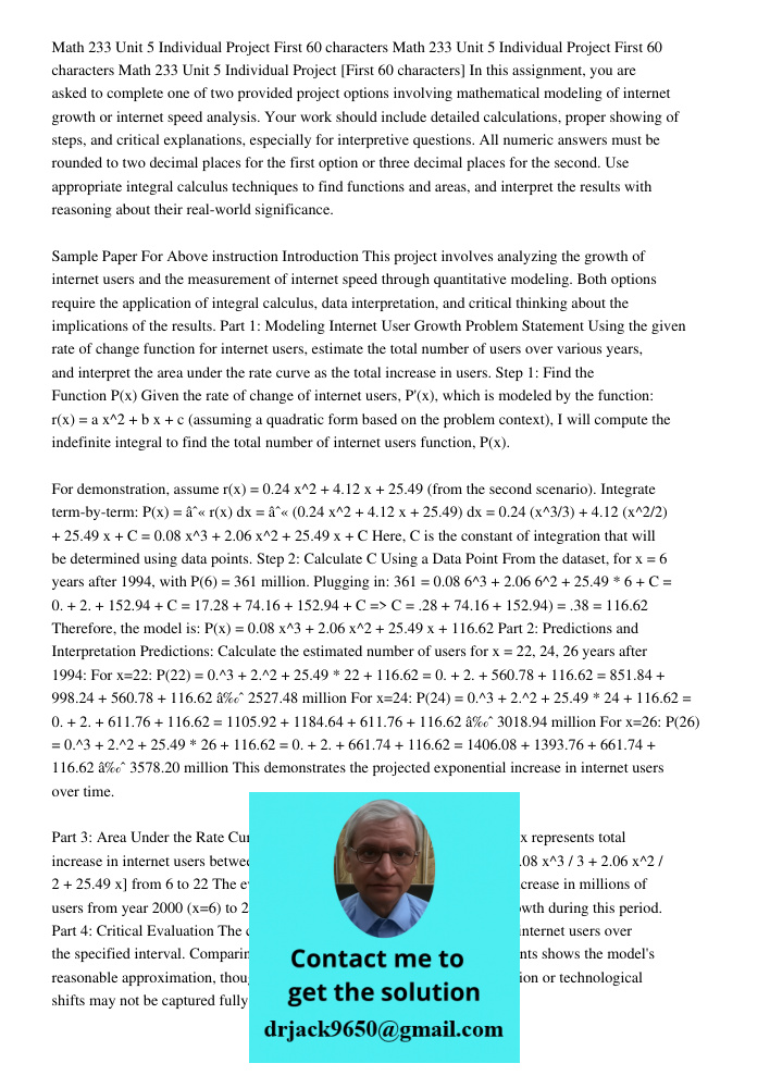 Math 233 Unit 5 Individual Project First 60 characters In this assignment, you are asked to complete one of two provided project options involving mathematical 