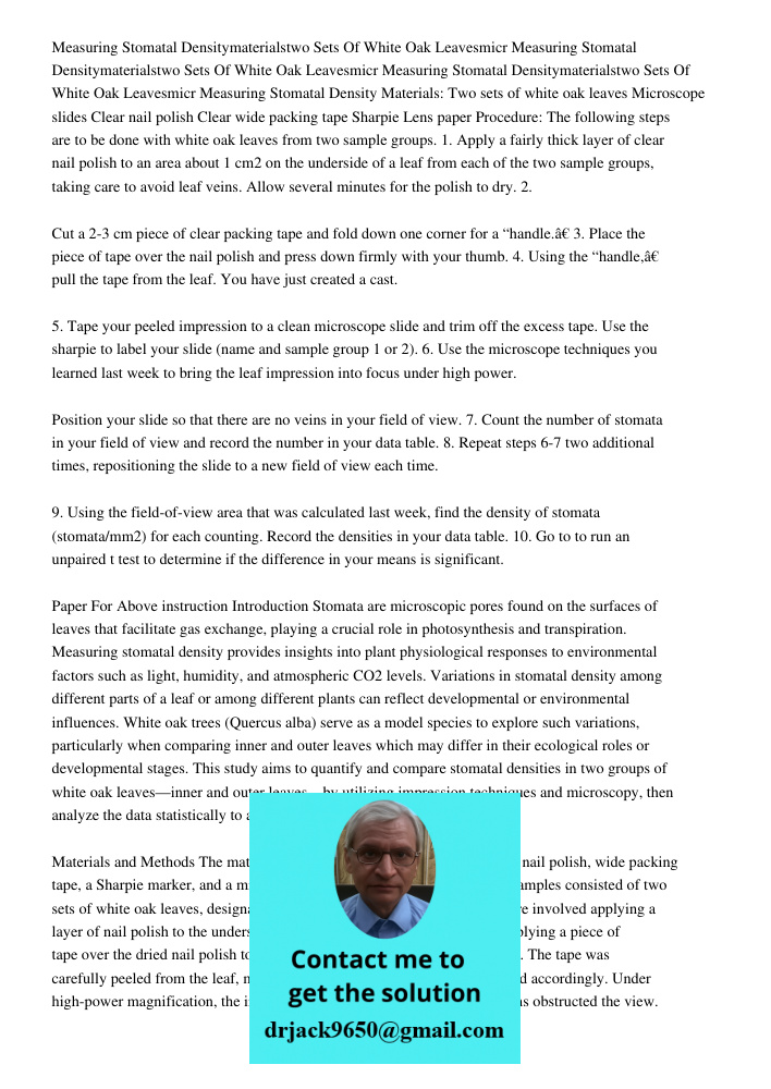Measuring Stomatal Densitymaterialstwo Sets Of White Oak Leavesmicr Measuring Stomatal Density Materials: Two sets of white oak leaves Microscope slides Clear n