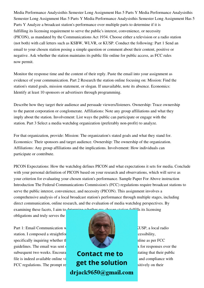 Media Performance Analysisthis Semester Long Assignment Has 5 Parts Y Analyze a broadcast station's performance over multiple parts to determine if it is fulfil