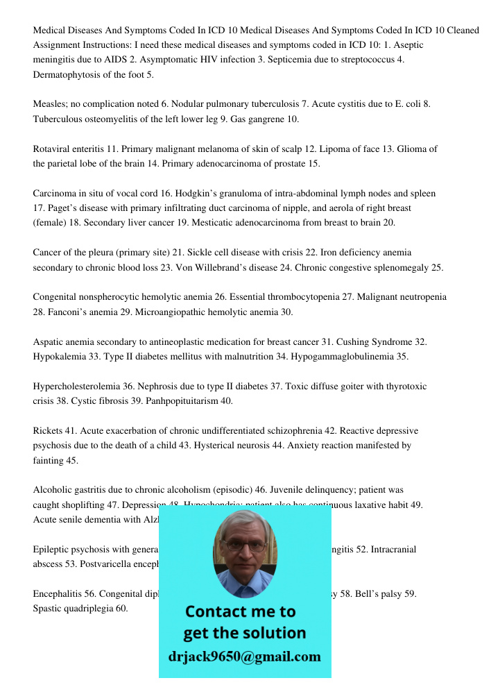 Cleaned Assignment Instructions: I need these medical diseases and symptoms coded in ICD 10: 1. Aseptic meningitis due to AIDS 2. Asymptomatic HIV infection 3. 