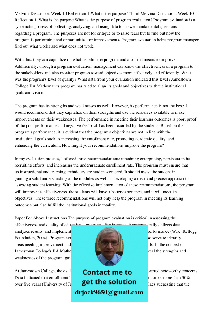 Melvina Discussion: Week 10 Reflection 1. What Is The Purpos