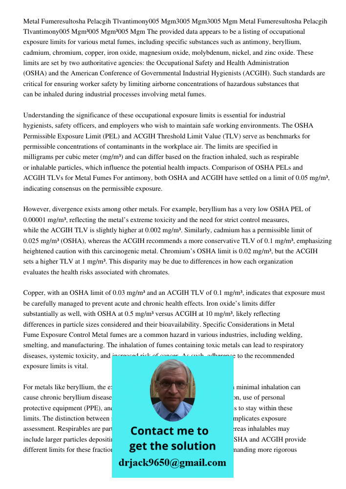 The provided data appears to be a listing of occupational exposure limits for various metal fumes, including specific substances such as antimony, beryllium, ca