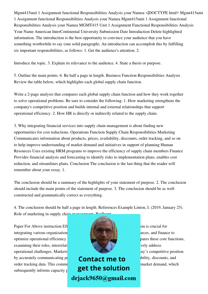 Mgmt415unit 1 Assignment functional Responsibilities Analysis your Namea MGMT415 Unit 1 Assignment Functional Responsibilities Analysis Your Name American Inter