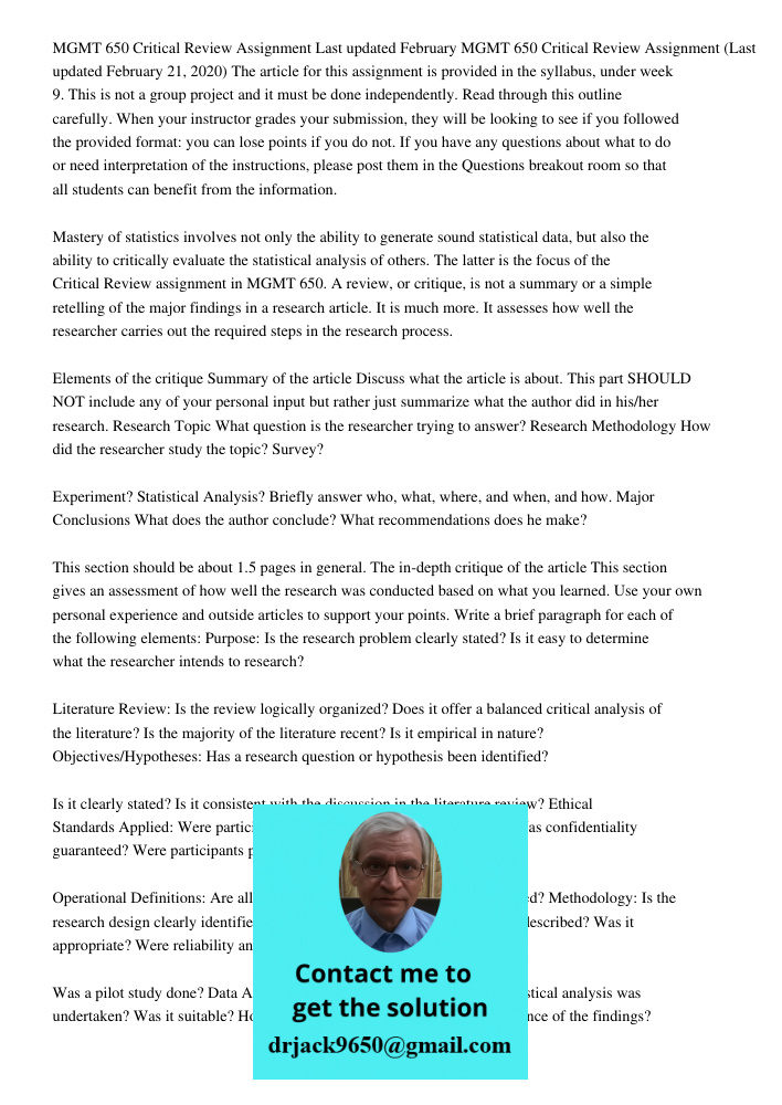 The article for this assignment is provided in the syllabus, under week 9. This is not a group project and it must be done independently. Read through this outl