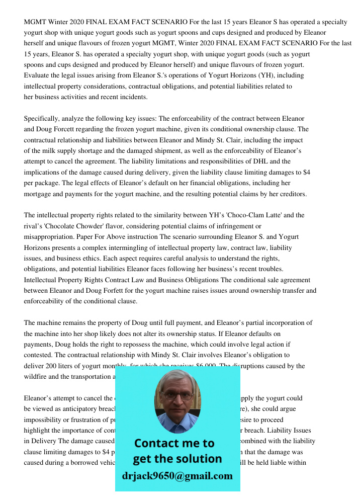 Evaluate the legal issues arising from Eleanor S.'s operations of Yogurt Horizons (YH), including intellectual property considerations, contractual obligations,
