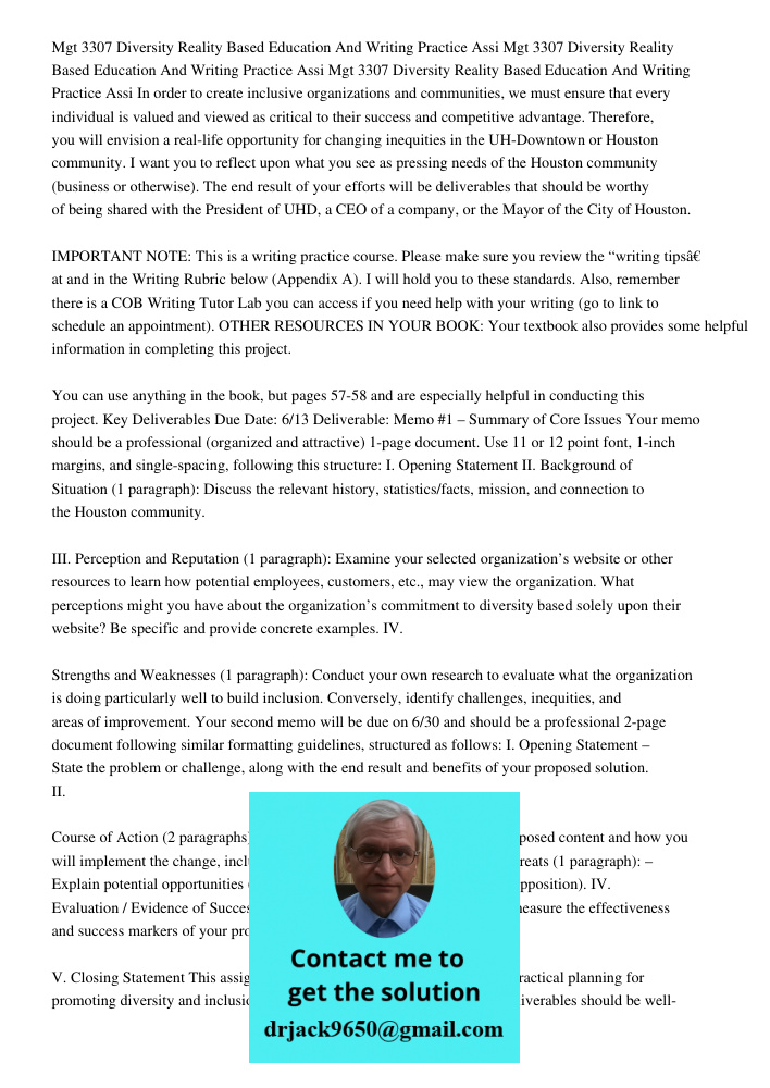Mgt 3307 Diversity Reality Based Education And Writing Practice Assi In order to create inclusive organizations and communities, we must ensure that every indiv
