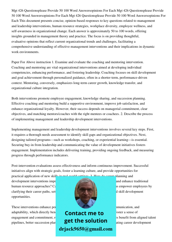 Mgt 426 Questionsplease Provide 50 100 Word Answersopinions For Each This document presents concise, opinion-based responses to key questions related to managem